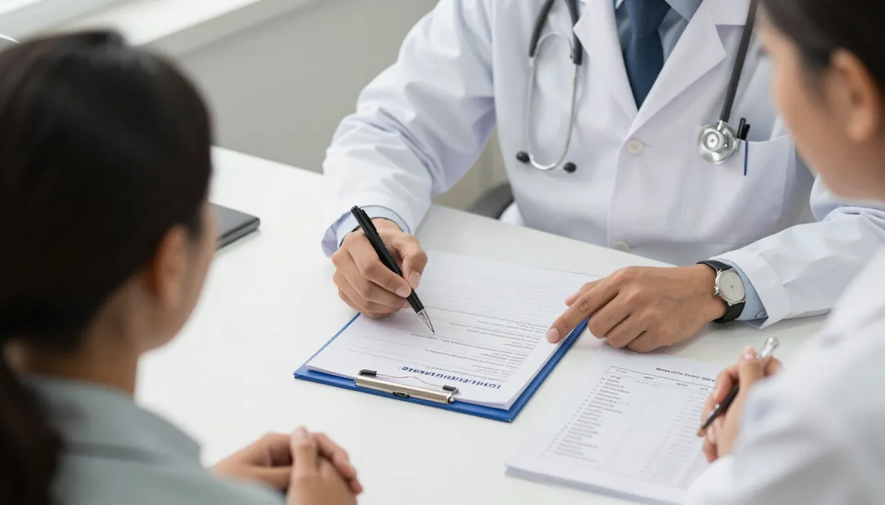 Doctor discussing a general health check plan with a patient, a blood test requisition and a symptoms diary at Glucomind Clinic, Bhubaneswar — General Health Check for Persistent Symptoms