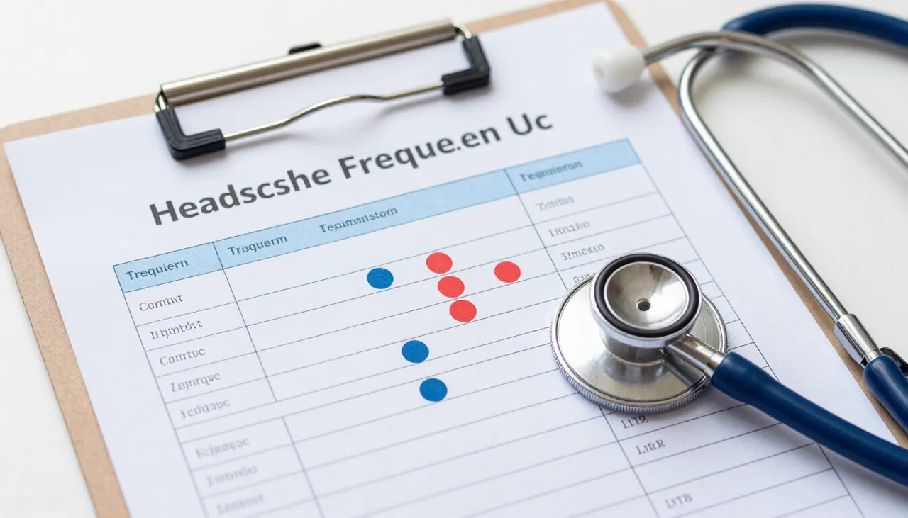 Headache frequency tracker chart with several recurring episodes marked beside a stethoscope at a Bhubaneswar clinic — Recurrent Headache