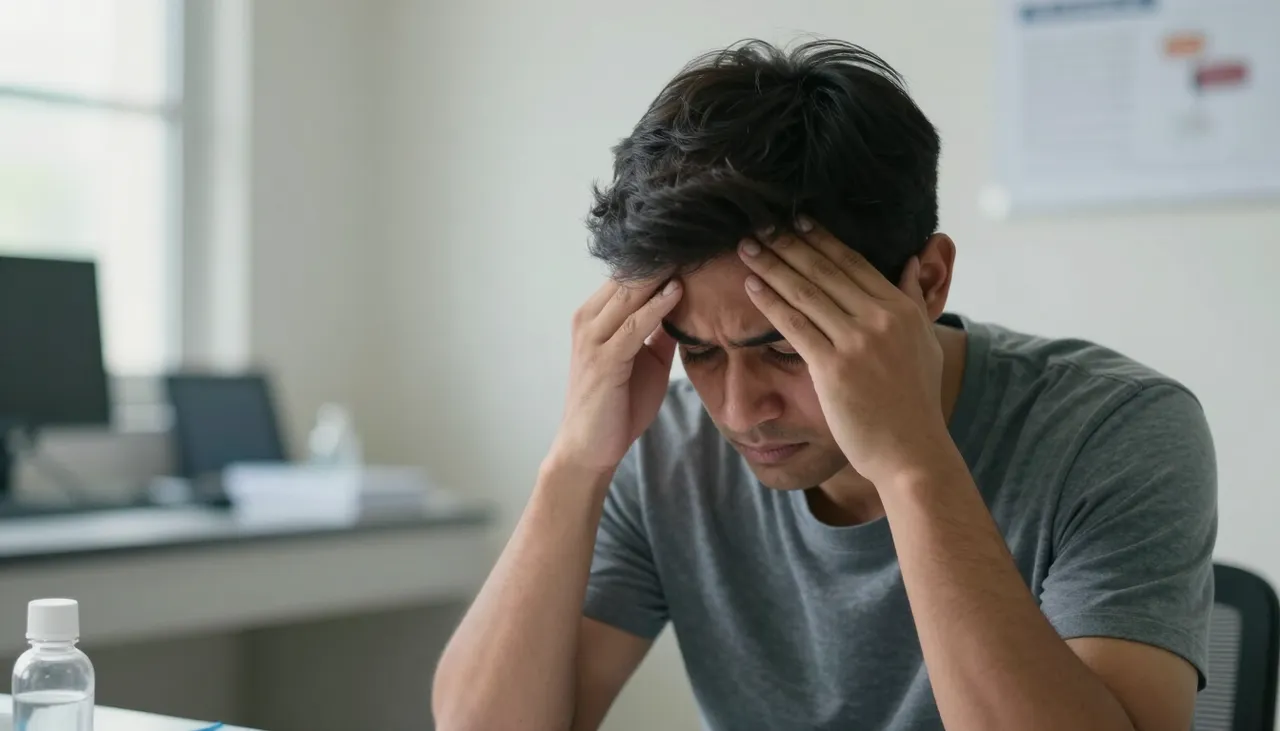 Person sitting forward holding the forehead with a pale tired expression at a Bhubaneswar clinic — Lightheadedness