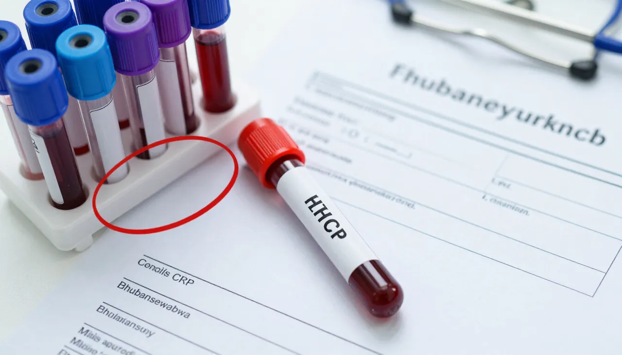 Lab report with a high CRP value circled beside blood sample tubes and an inflammation reference card at a Bhubaneswar clinic — High CRP