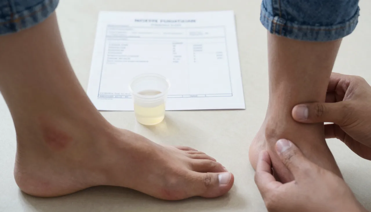 Person with swollen ankles beside a kidney function lab report showing abnormal creatinine and eGFR and a urine sample cup at a Bhubaneswar clinic — Swelling and Abnormal Kidney Tests