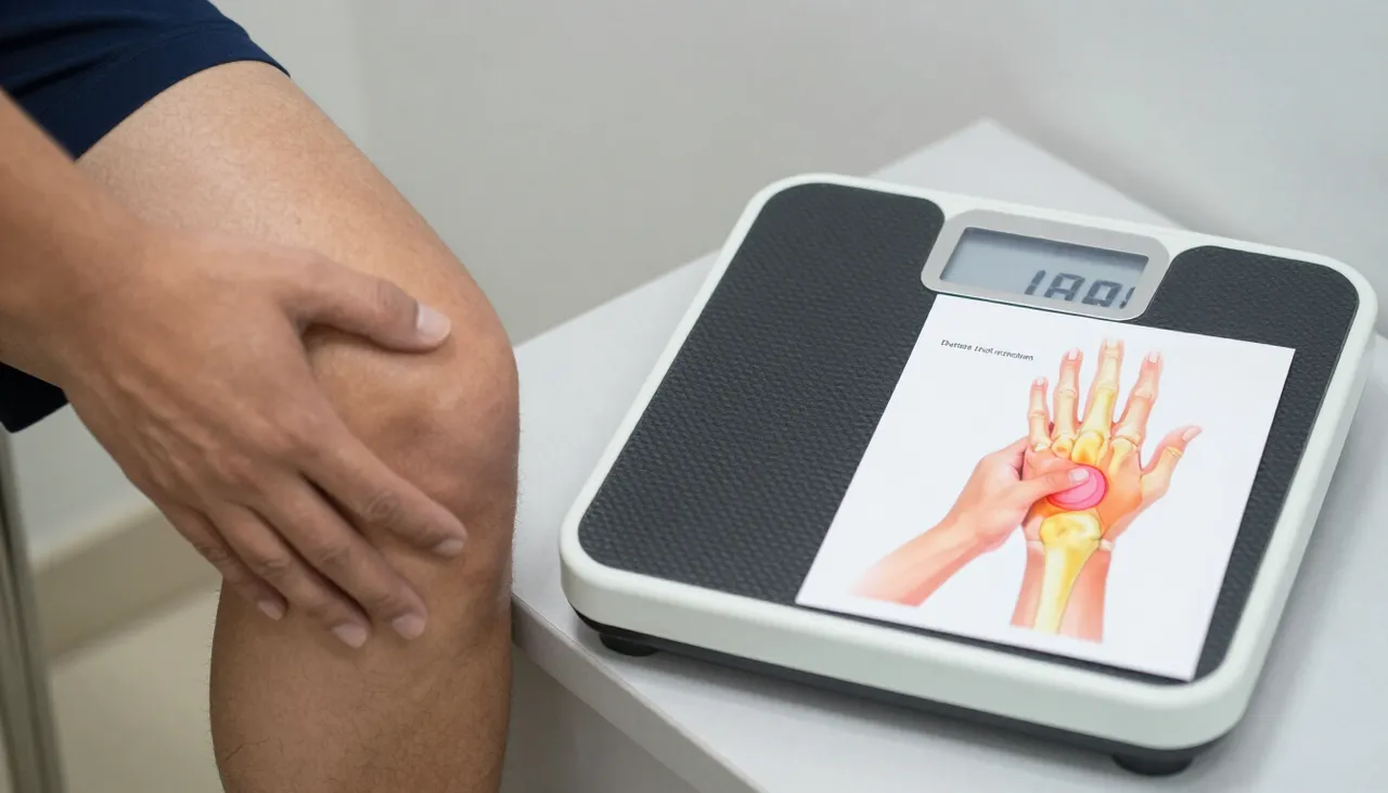 Person holding a knee beside a bathroom scale and a joint-pain illustration card at a Bhubaneswar clinic — Weight-related Joint Pain