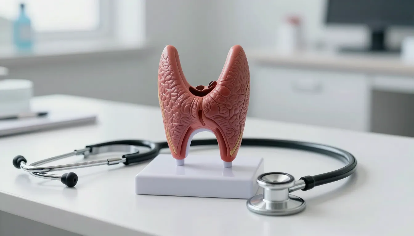 Anatomical thyroid gland model and stethoscope for thyroid disorder evaluation at Glucomind Clinic, Bhubaneswar