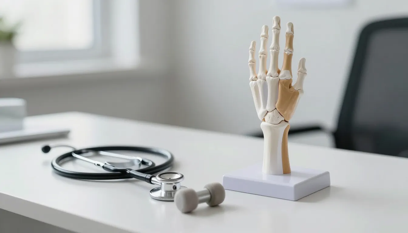 Anatomical joint and bone model with reflex hammer for rheumatology and joint pain assessment at Glucomind Clinic, Bhubaneswar