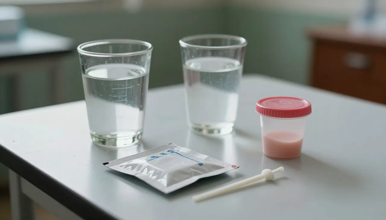 Oral rehydration salts sachet, a glass of fluids and a stool sample cup on a clinic table in Bhubaneswar — Diarrhoea