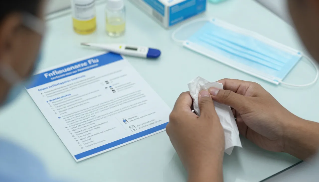 Person covering a sneeze with a tissue, with a fever thermometer, flu leaflet and a box of masks at a Bhubaneswar clinic — Influenza / Flu