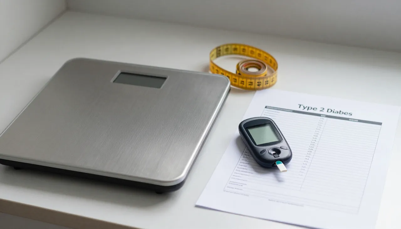 Bathroom scale and measuring tape beside a glucometer and a blood sugar lab report at a Bhubaneswar clinic — Obesity and Type 2 Diabetes