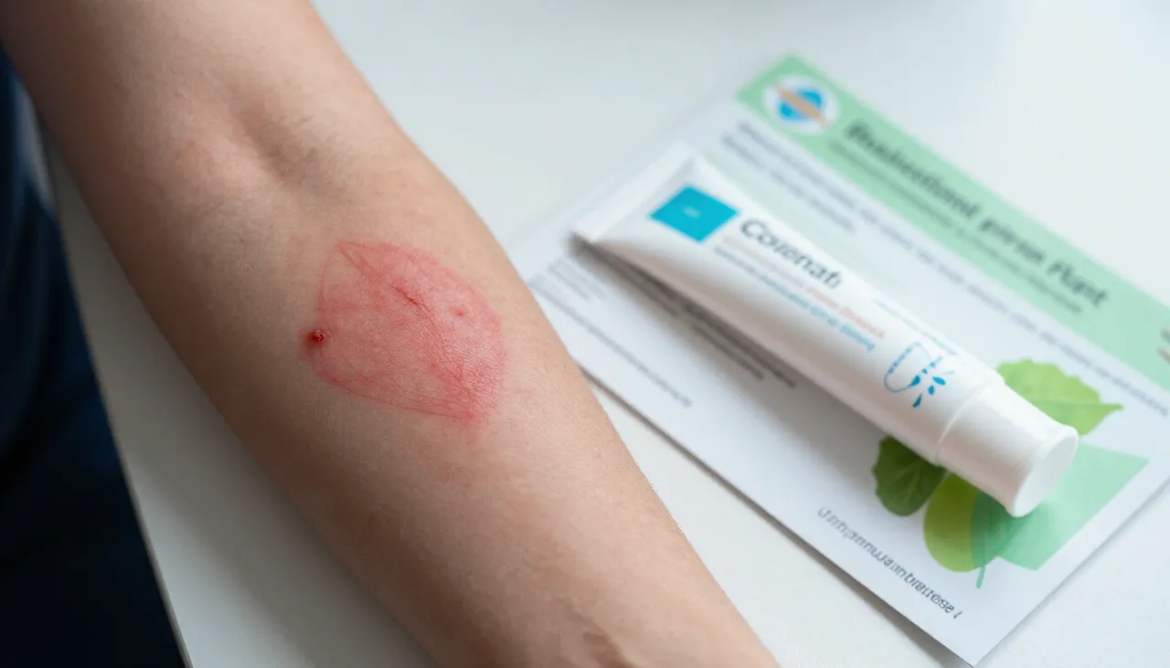 Close-up of a dry red eczema patch on the elbow beside a moisturiser cream and a dermatitis leaflet at a Bhubaneswar clinic — Eczema / Dermatitis