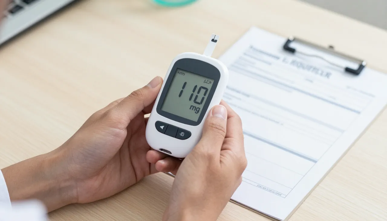 Blood glucose meter displaying a borderline reading beside an oral glucose tolerance test requisition at a Bhubaneswar clinic — Prediabetes evaluation