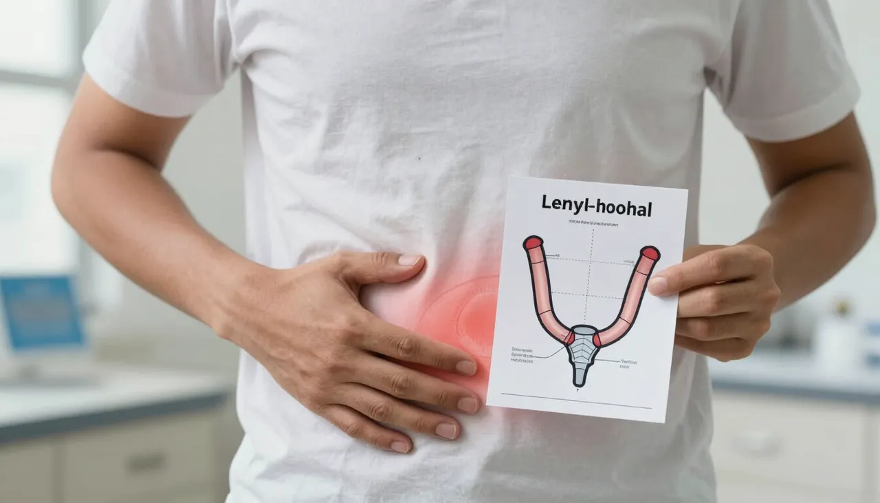 Person pressing the lower abdomen with a lower-abdominal pain diagram and bowel reference card at a Bhubaneswar clinic — Lower Abdominal Pain