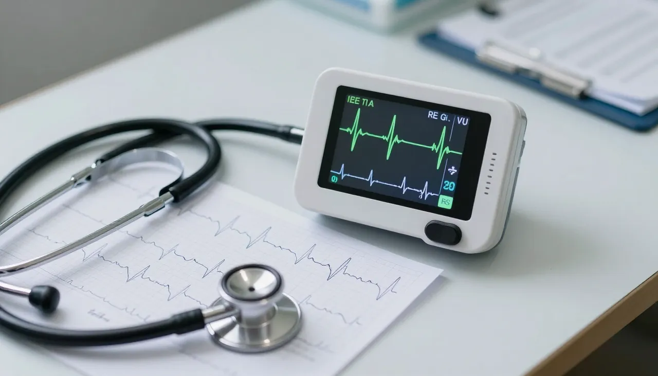 Heart-rate monitor showing a high resting reading beside a stethoscope and an ECG strip at a Bhubaneswar clinic — High Resting Heart Rate