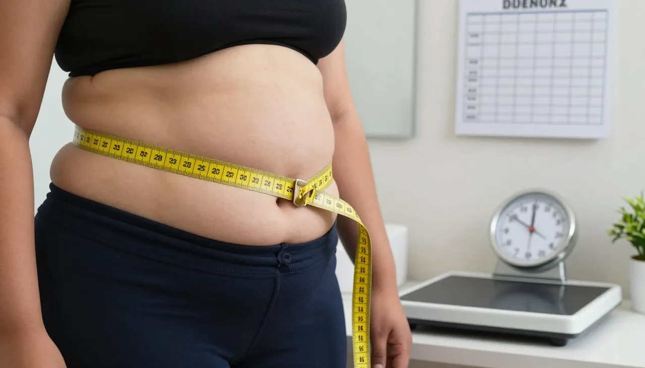 Measuring tape around a large waist beside a bathroom scale and a BMI chart at a Bhubaneswar clinic — Obesity