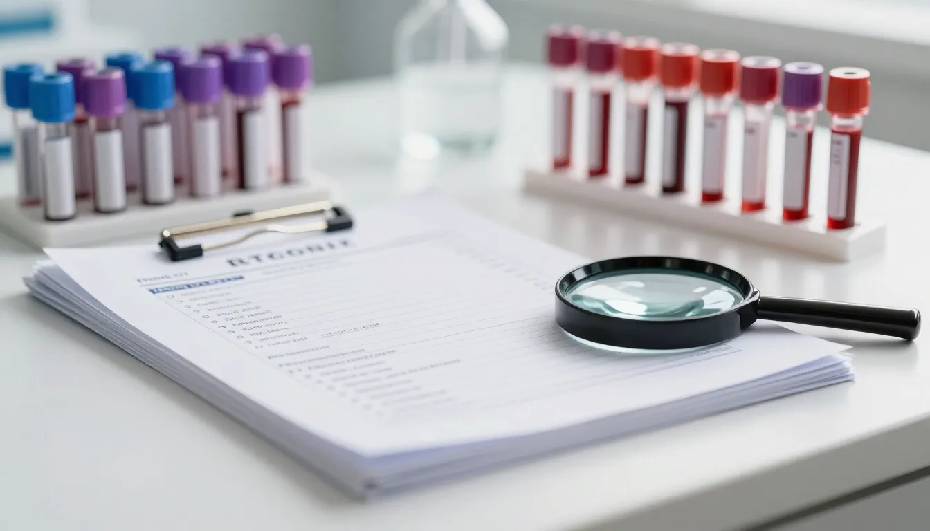Laboratory blood test reports and sample tubes for abnormal test result interpretation at Glucomind Clinic, Bhubaneswar