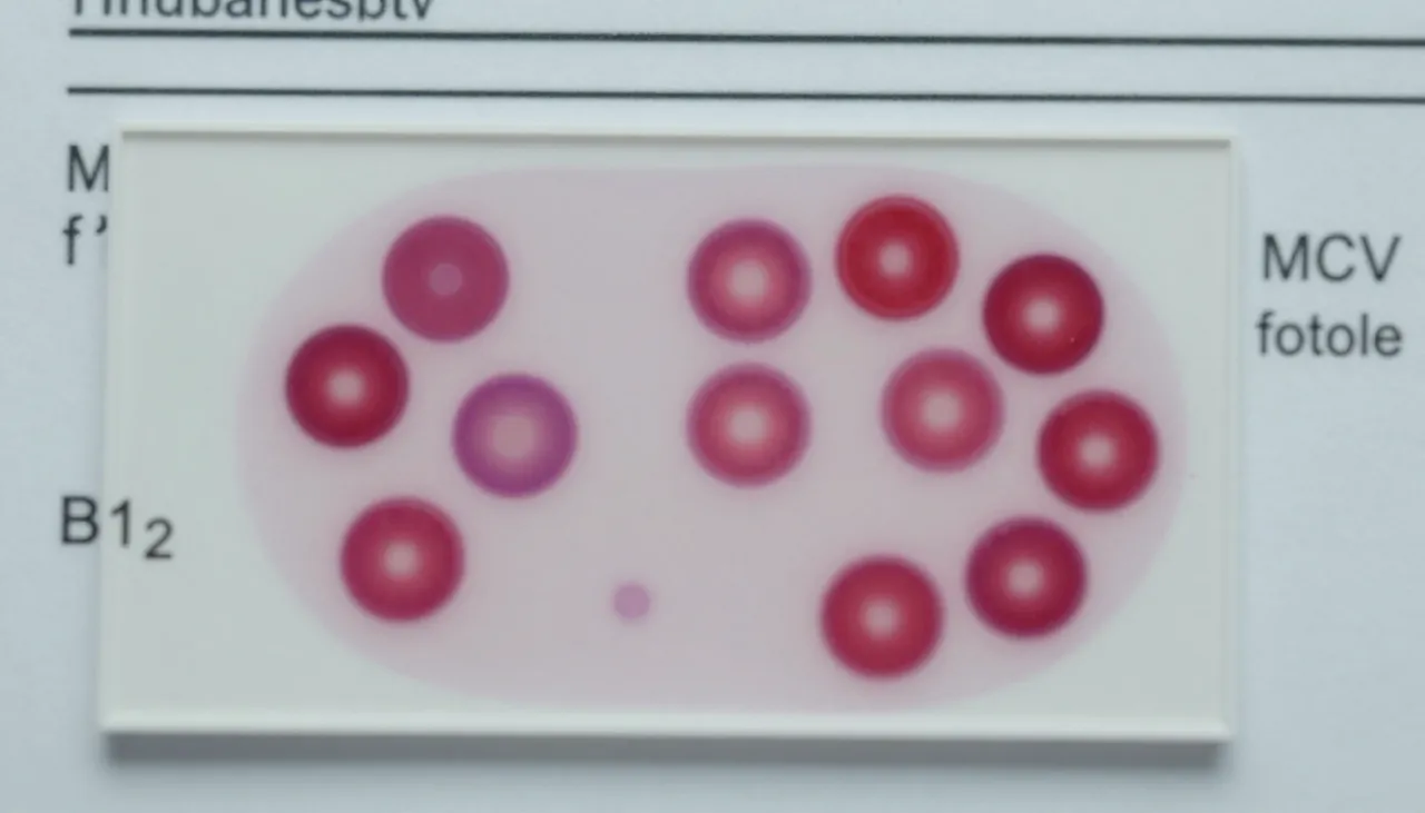 Blood smear microscope slide showing large red cells beside a CBC lab report with high MCV and B12/folate values at a Bhubaneswar clinic — Macrocytic Anaemia