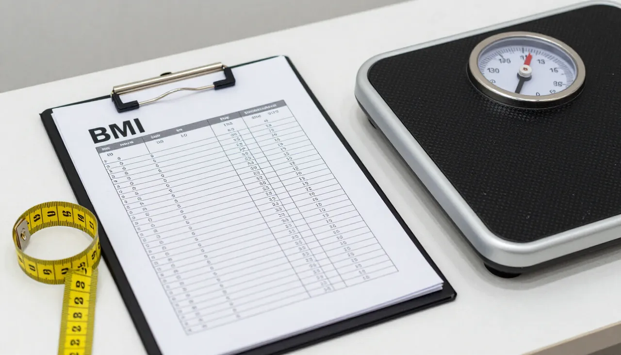 BMI chart on a clipboard with a bathroom scale, measuring tape and a body-composition printout at a Bhubaneswar clinic — BMI and Weight Assessment