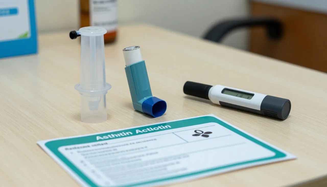 Asthma inhaler and spacer beside a peak flow meter and an asthma action plan card at a Bhubaneswar clinic — Asthma