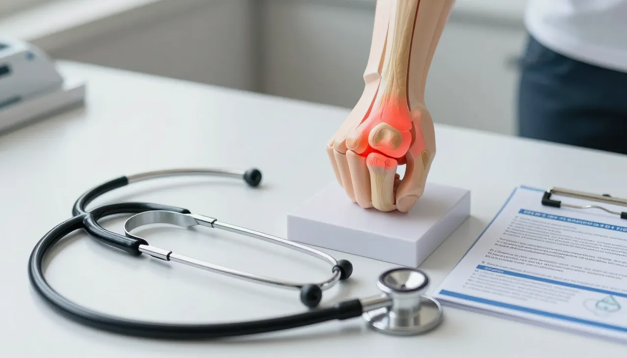 Anatomical joint model showing inflamed joint surfaces beside a stethoscope and an arthritis information leaflet at a Bhubaneswar clinic — Arthritis