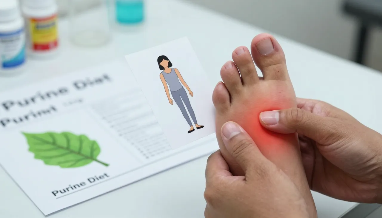 Person holding an inflamed red big toe with a gout illustration card and a purine diet leaflet at a Bhubaneswar clinic — Gout