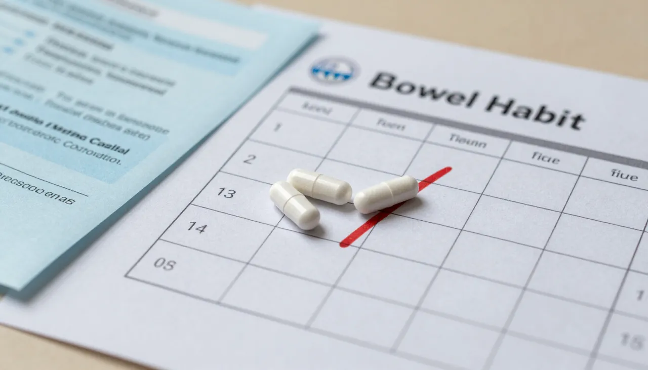 Bowel habit calendar showing infrequent stools beside a fibre supplement and hydration advice leaflet at a Bhubaneswar clinic — Chronic Constipation