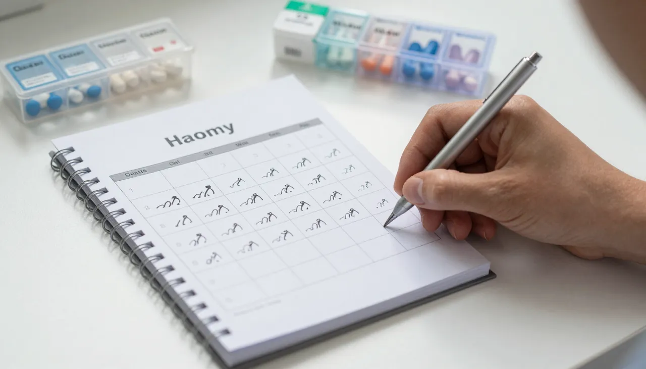 Headache calendar diary with many days marked with migraine symbols beside a pill organiser at a Bhubaneswar clinic — Chronic Migraine