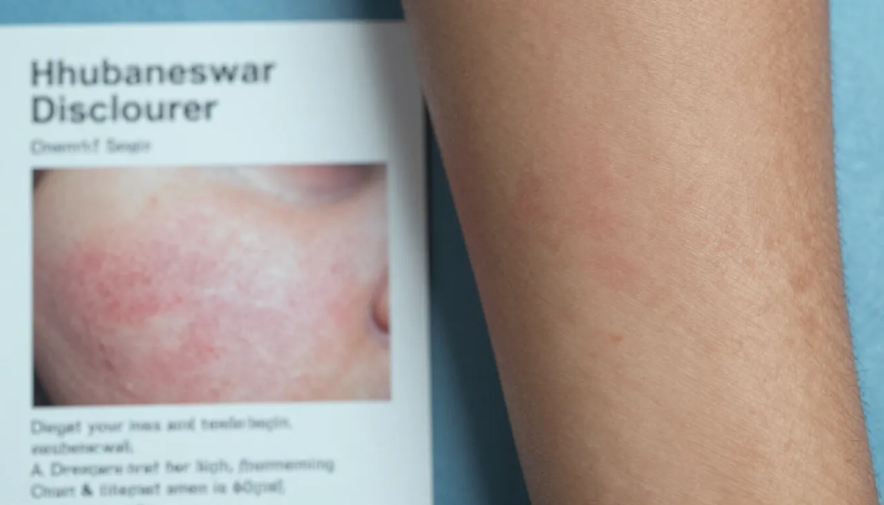 Close-up of an area of altered skin pigmentation (discolouration) on the arm beside a dermatology reference card at a Bhubaneswar clinic — Skin Discolouration