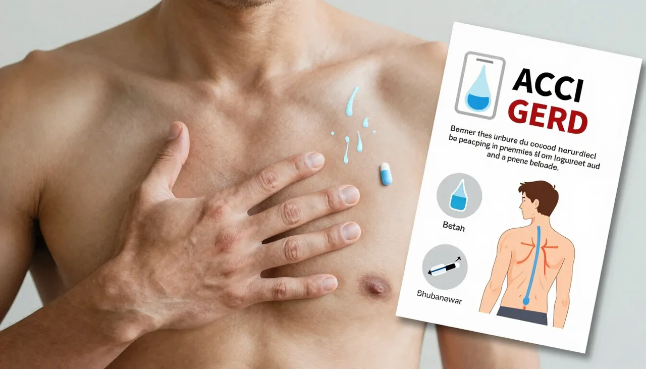 Person pressing the upper chest with a reflux illustration showing acid rising beside an antacid and posture advice leaflet at a Bhubaneswar clinic — Acid Reflux / GERD