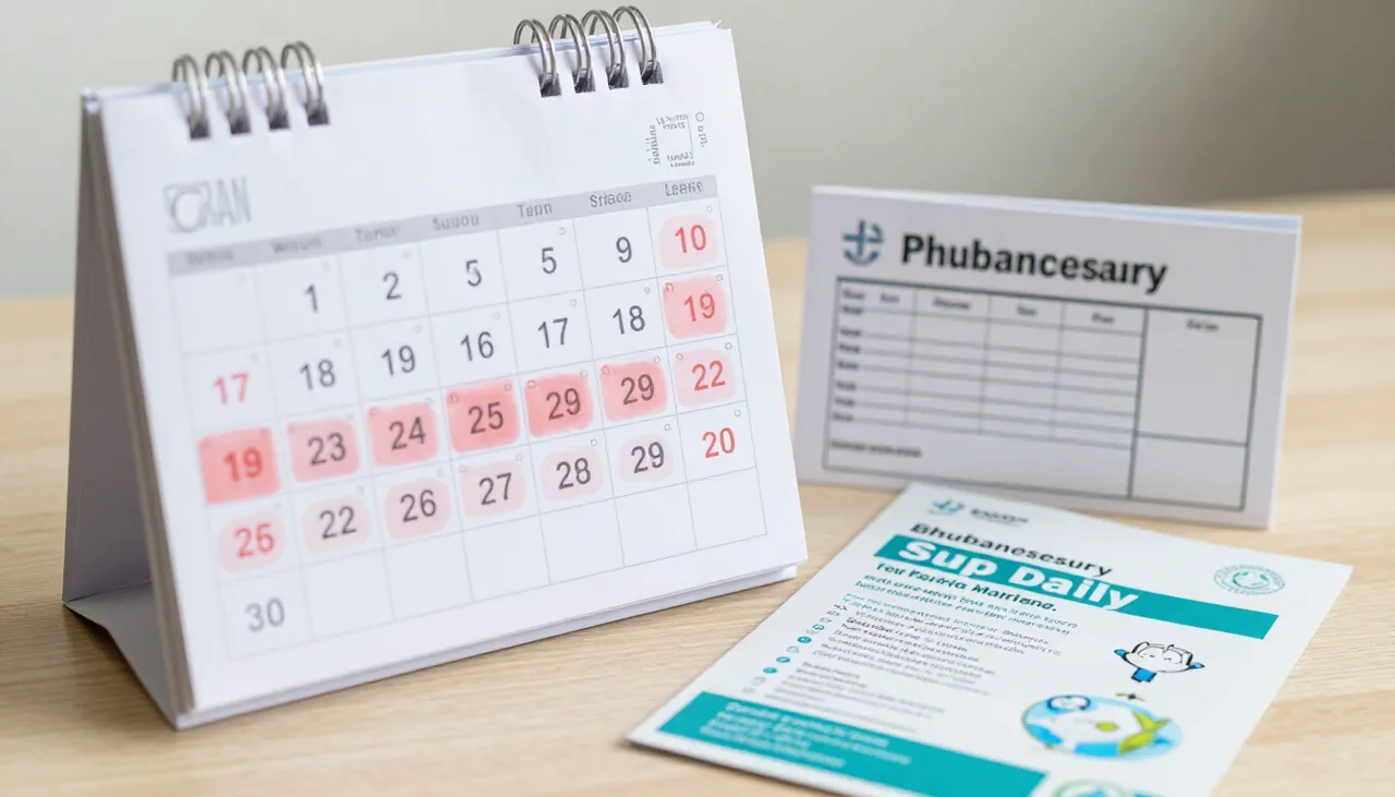 Calendar with several skin infection episodes marked beside an antibiotic reference card and a hygiene leaflet at a Bhubaneswar clinic — Recurrent Skin Infection