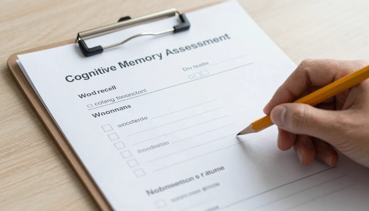 Cognitive memory assessment worksheet with a word-recall test and pencil on a clipboard at a Bhubaneswar clinic — Memory Problems