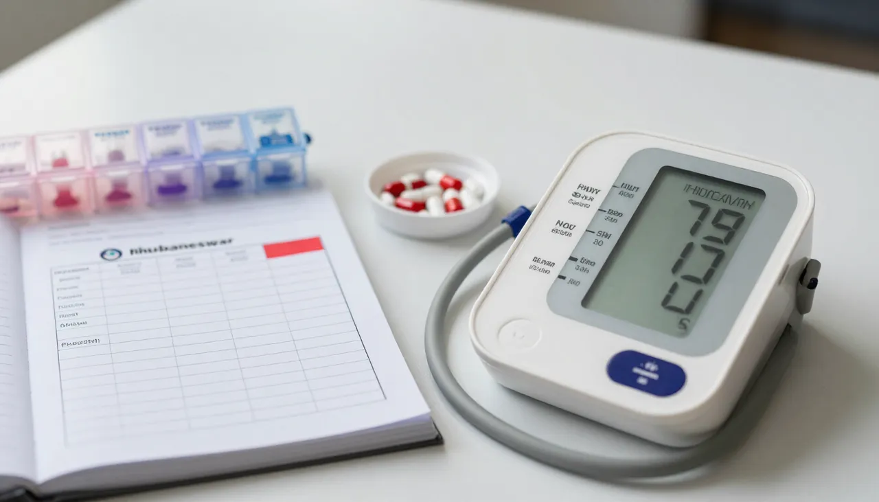 Blood pressure logbook with multiple high readings marked in red beside a pill organiser at a Bhubaneswar clinic — Uncontrolled Hypertension
