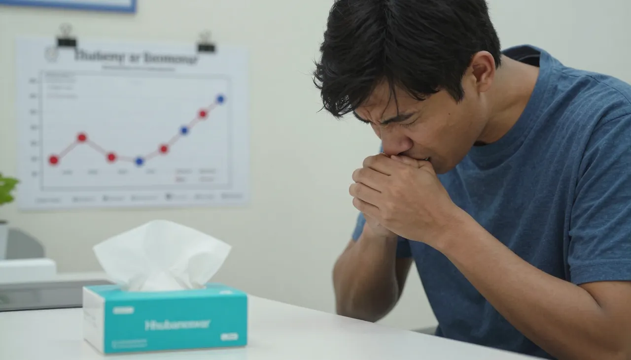 Person coughing with a recent-onset symptom timeline chart and a tissue box at a Bhubaneswar clinic — Acute Cough