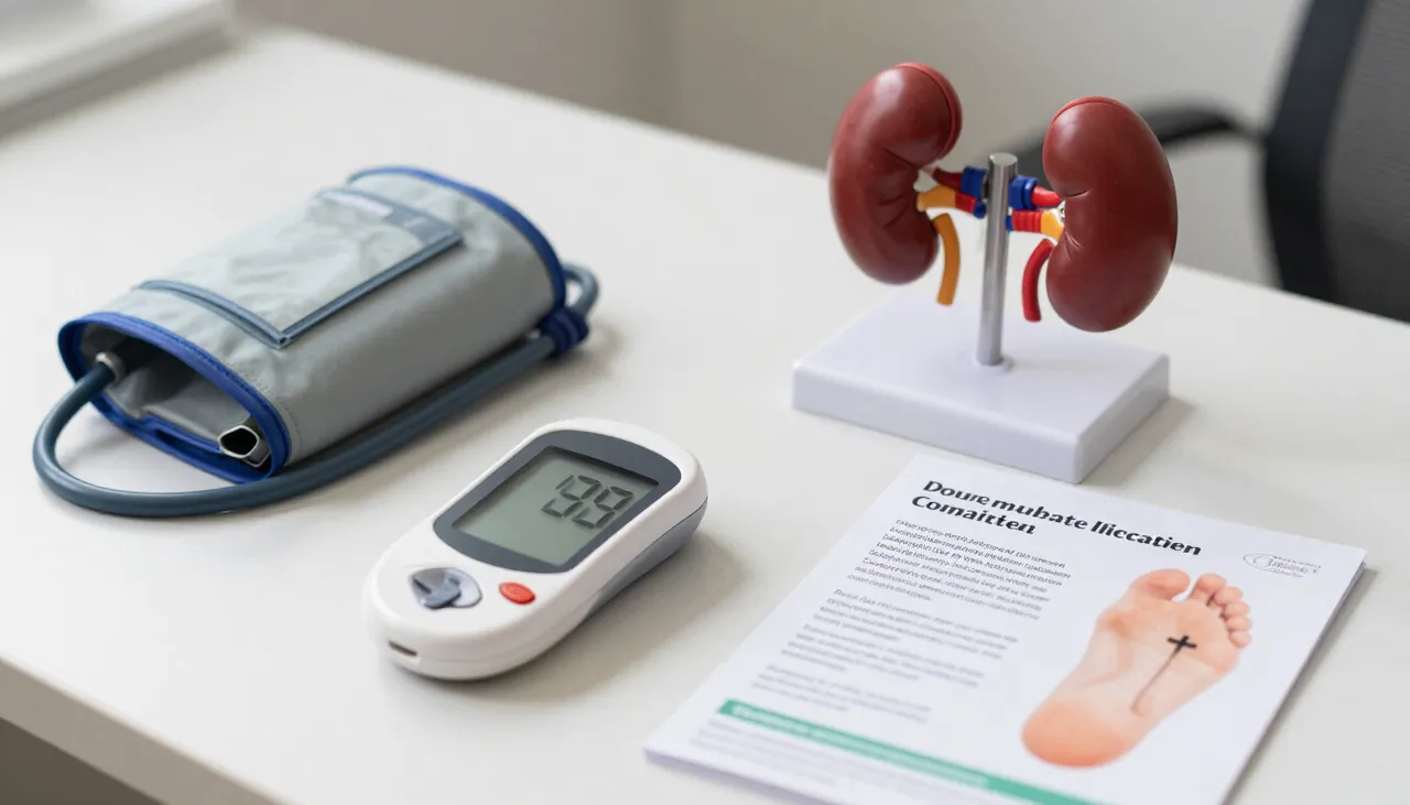 Clinical desk with a glucometer, blood pressure cuff, kidney and eye model and foot-care leaflet at a Bhubaneswar clinic — Diabetes Complications overview