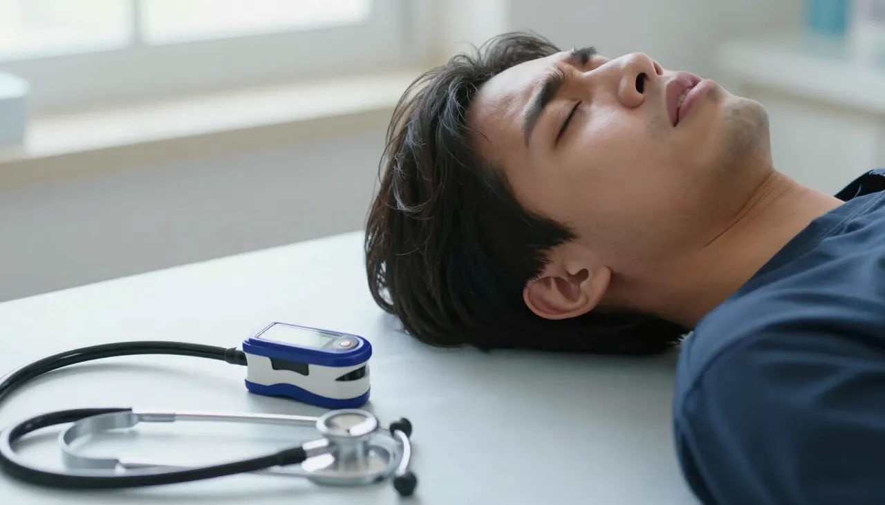 Person breathing with pursed lips and visible effort beside a pulse oximeter and stethoscope at a Bhubaneswar clinic — Shortness of Breath