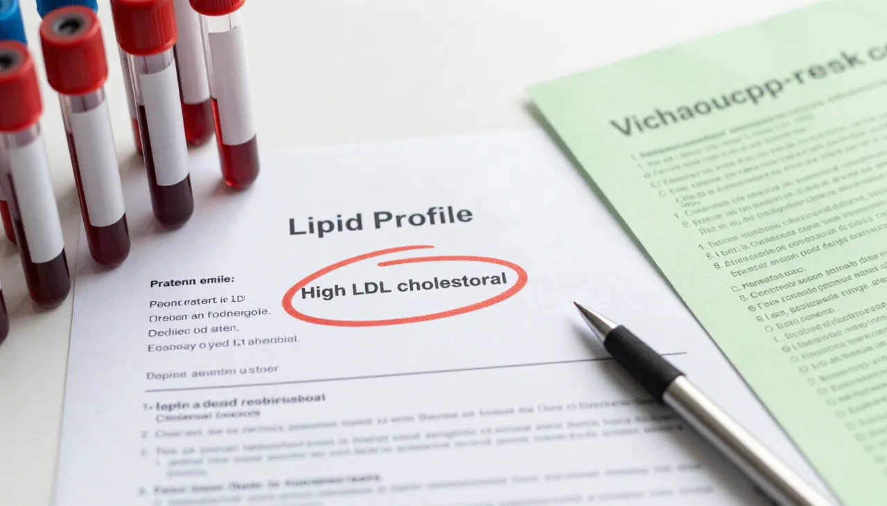 Lipid profile lab report with a high LDL cholesterol value circled beside blood sample tubes and a cardiovascular-risk leaflet at a Bhubaneswar clinic — High LDL Cholesterol