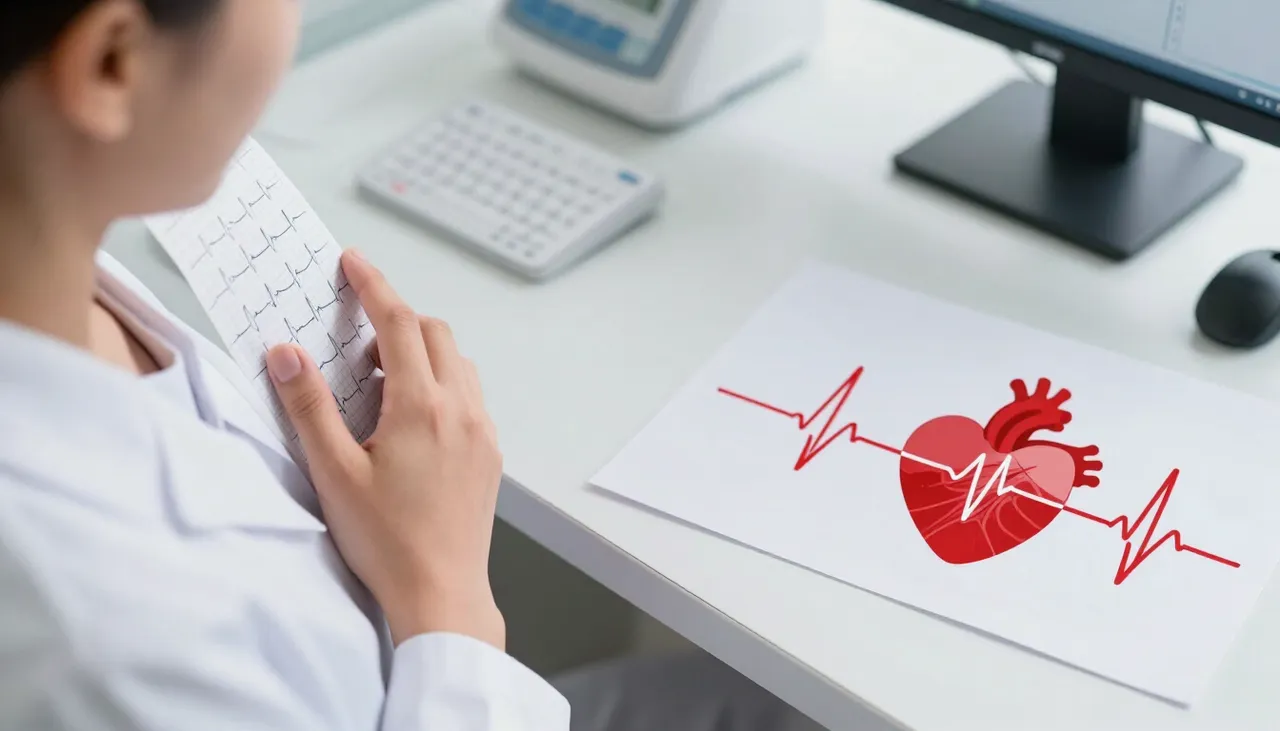 Person touching the chest with a skipped-beat ECG strip and a heart-rhythm illustration at a Bhubaneswar clinic — Skipped Heartbeat Sensation