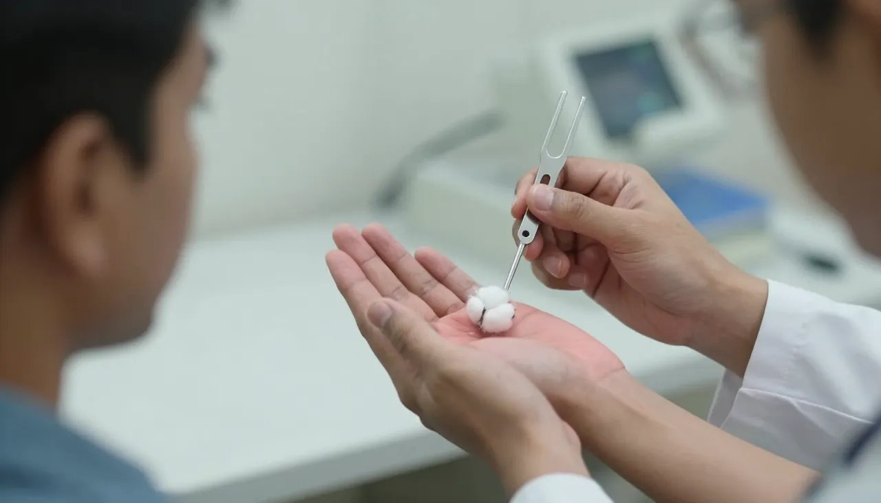 Doctor testing sensation on a patient’s hand with a wisp of cotton and a tuning fork at a Bhubaneswar clinic — Tingling and Numbness