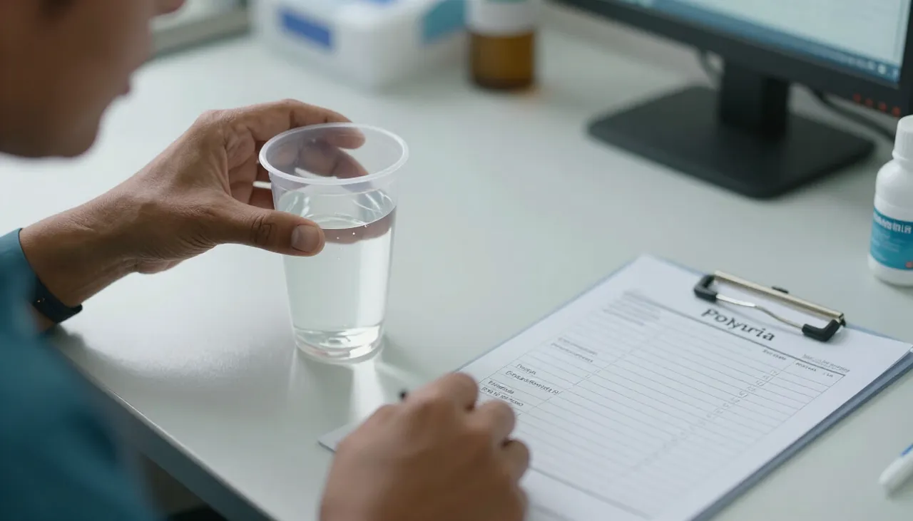 Person drinking water beside a urine sample cup and a fluid-intake and output chart at a Bhubaneswar clinic — Excessive Urination / Polyuria