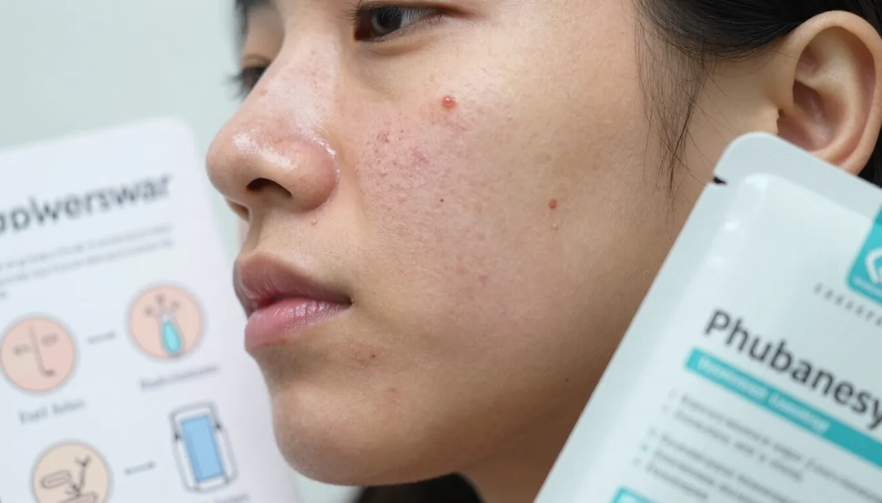 Close-up of acne pimples on the cheek beside a skincare reference card and a treatment leaflet at a Bhubaneswar clinic — Acne