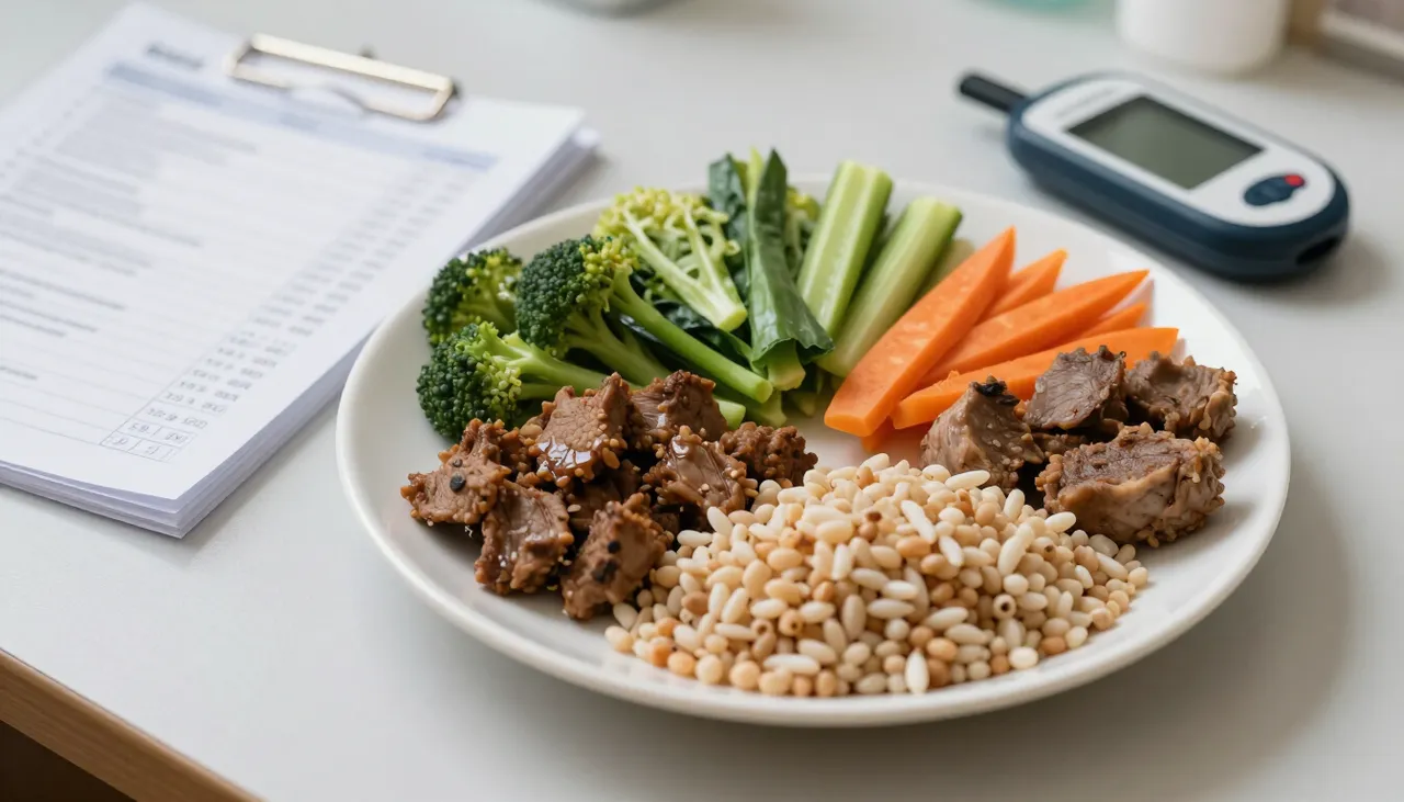 Balanced diabetes meal plate with measured portions of vegetables, grains and lean protein beside a food diary and glucometer at a Bhubaneswar clinic — Diabetes Diet & Lifestyle