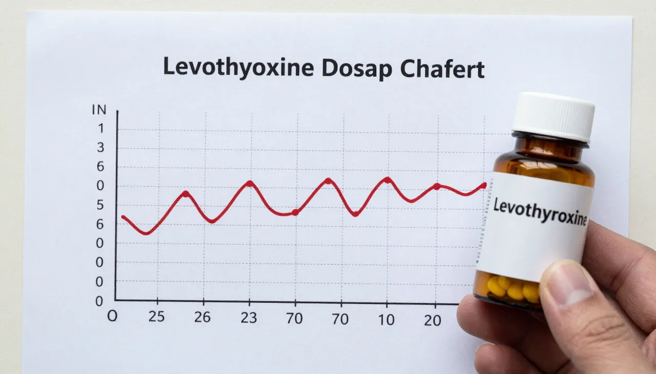 Levothyroxine dose adjustment chart with a TSH trend graph over months beside a tablet bottle at a Bhubaneswar clinic — Levothyroxine Monitoring