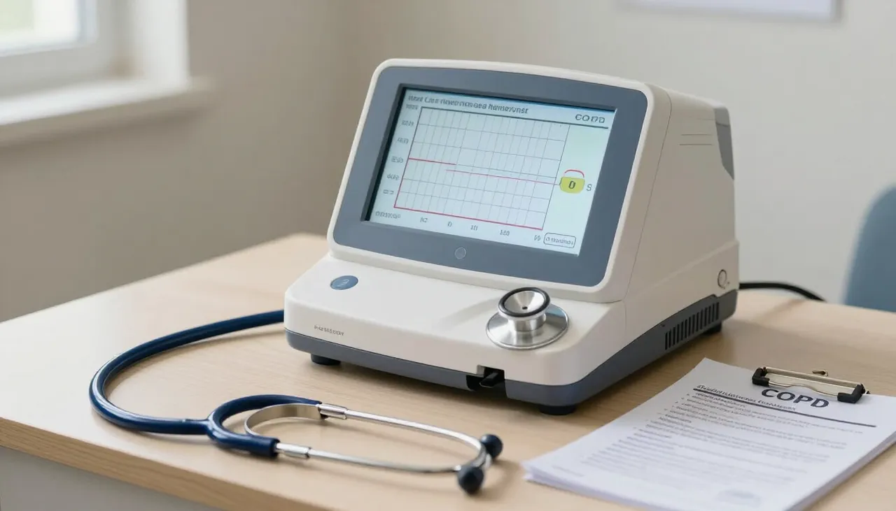 Spirometer showing a breathing test graph beside a stethoscope and a COPD information leaflet at a Bhubaneswar clinic — COPD