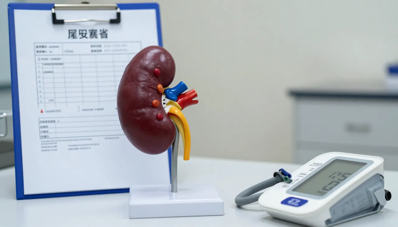 Kidney anatomical model beside a lab report showing raised creatinine and low eGFR and a blood pressure cuff at a Bhubaneswar clinic — Chronic Kidney Disease