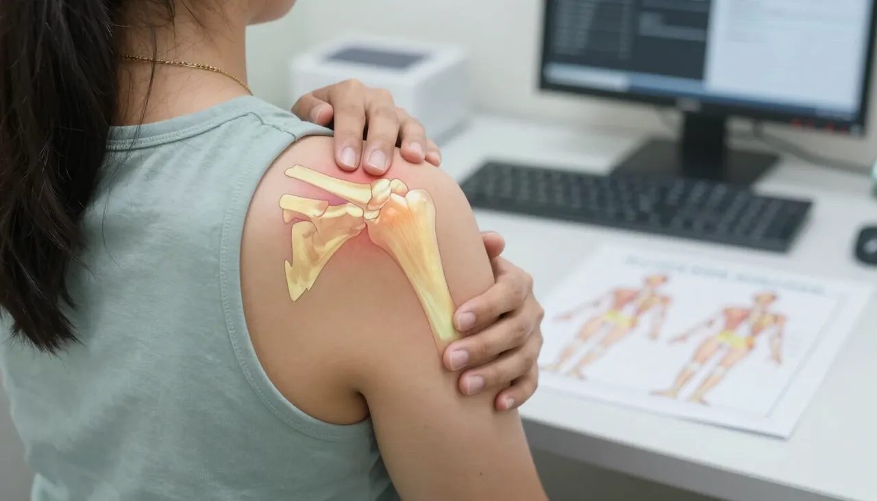 Person holding the top of the shoulder with a shoulder-joint anatomy illustration and a range-of-motion chart at a Bhubaneswar clinic — Shoulder Pain