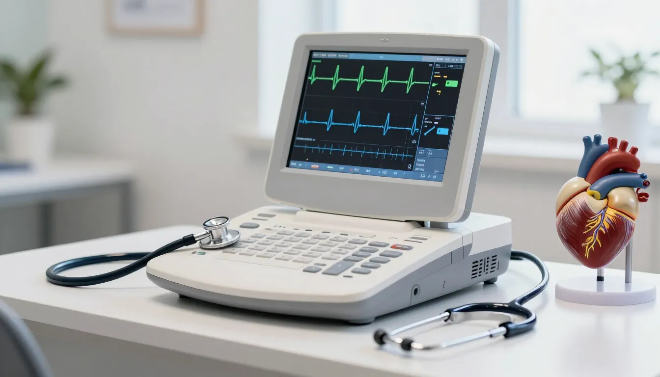 ECG machine and heart model for palpitation and cardiovascular symptom assessment at Glucomind Clinic, Bhubaneswar