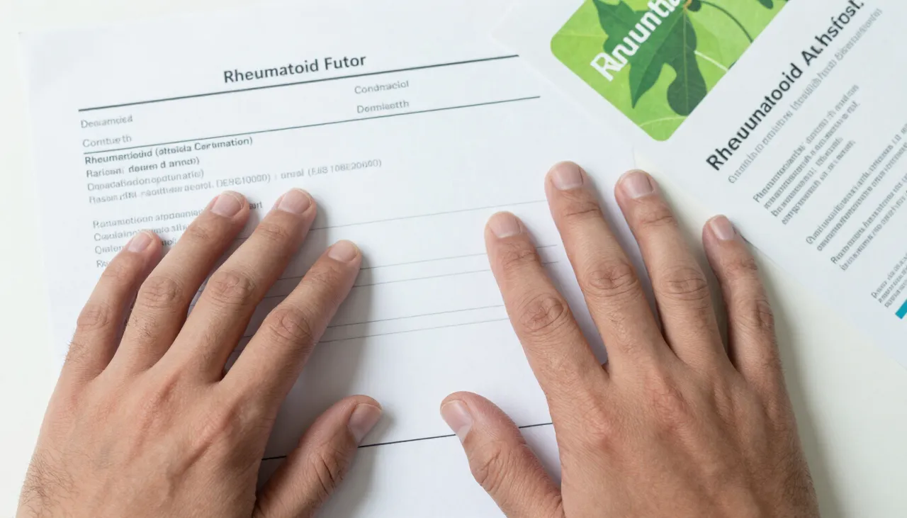 Hands with swollen deformed finger joints beside a rheumatoid-factor lab report and an autoimmune leaflet at a Bhubaneswar clinic — Rheumatoid Arthritis