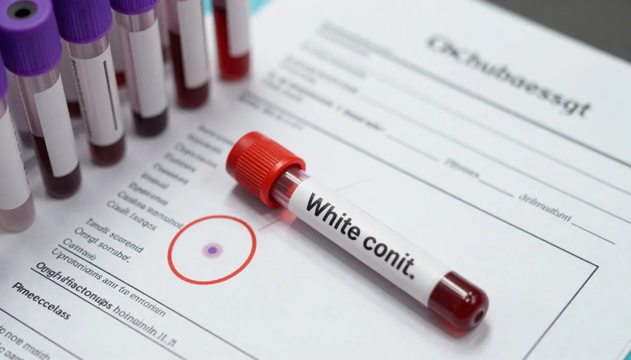 CBC lab report with a high white blood cell count circled beside blood sample tubes and an infection reference card at a Bhubaneswar clinic — High White Blood Cell Count
