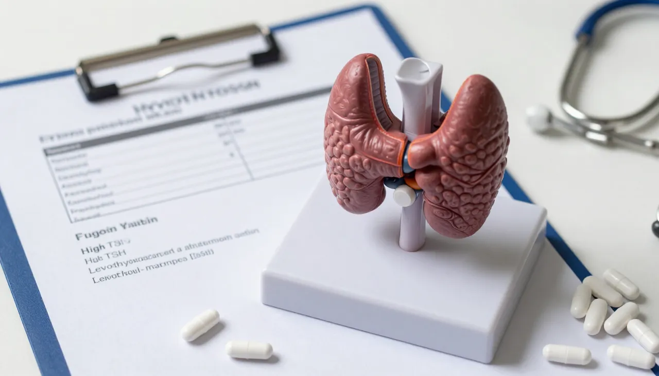 Thyroid gland anatomical neck model beside a lab report showing a high TSH value and levothyroxine tablets at a Bhubaneswar clinic — Hypothyroidism