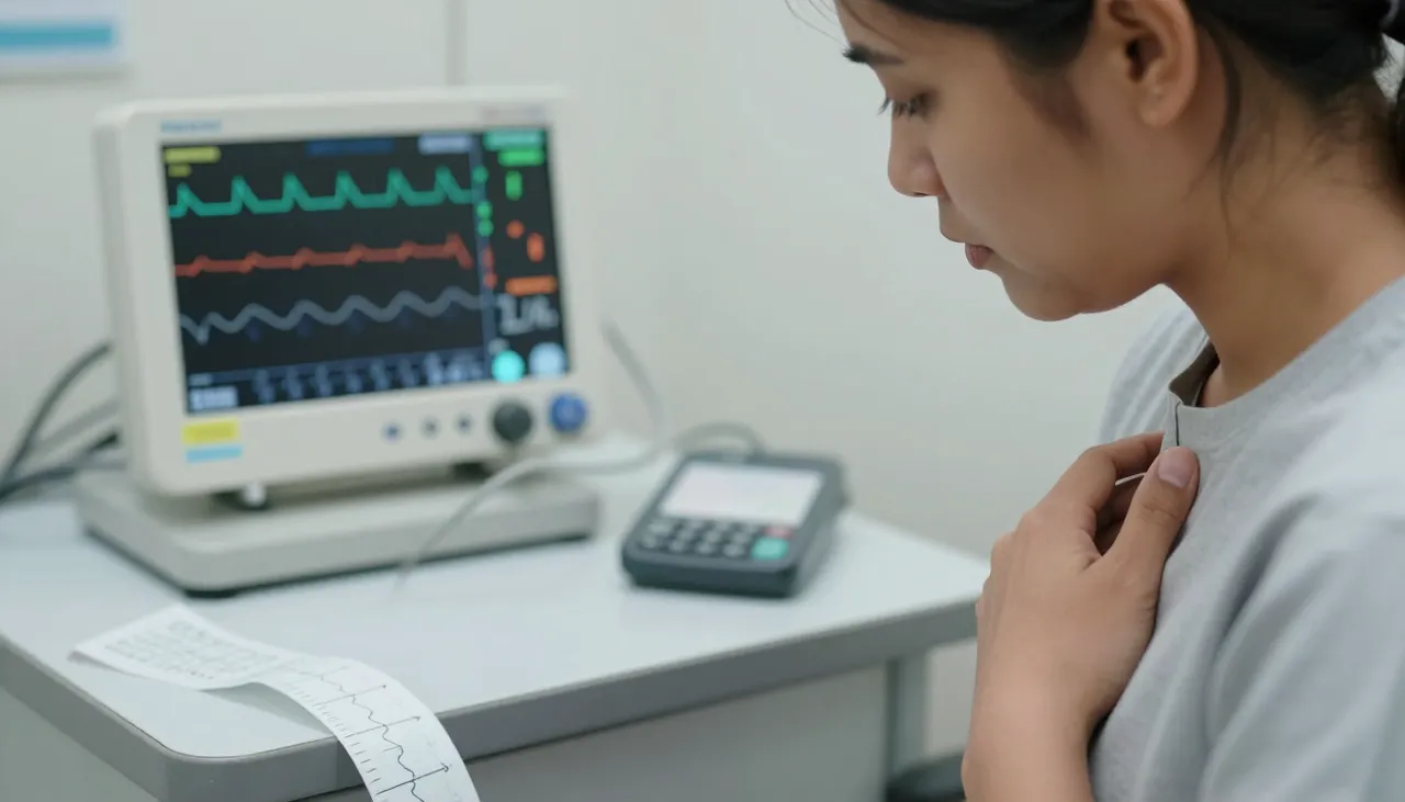 Person steadying themselves with a hand to the chest and head beside a heart-rate monitor and an ECG strip at a Bhubaneswar clinic — Dizziness with Palpitations