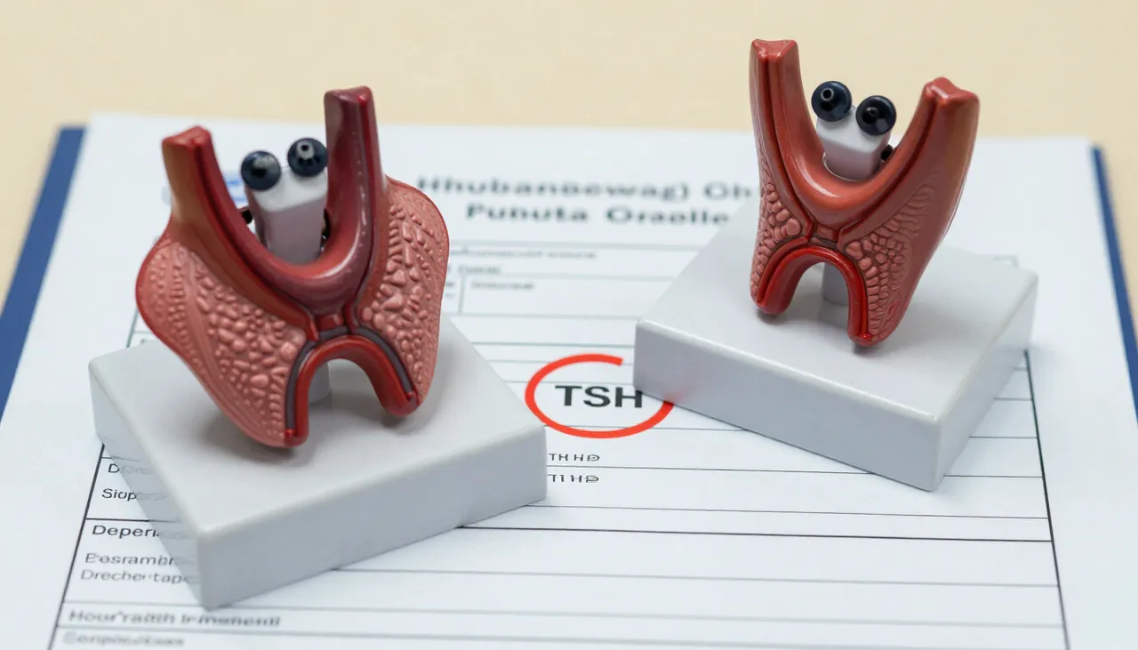 Lab report printout with a high TSH value circled beside a thyroid neck model at a Bhubaneswar clinic — High TSH