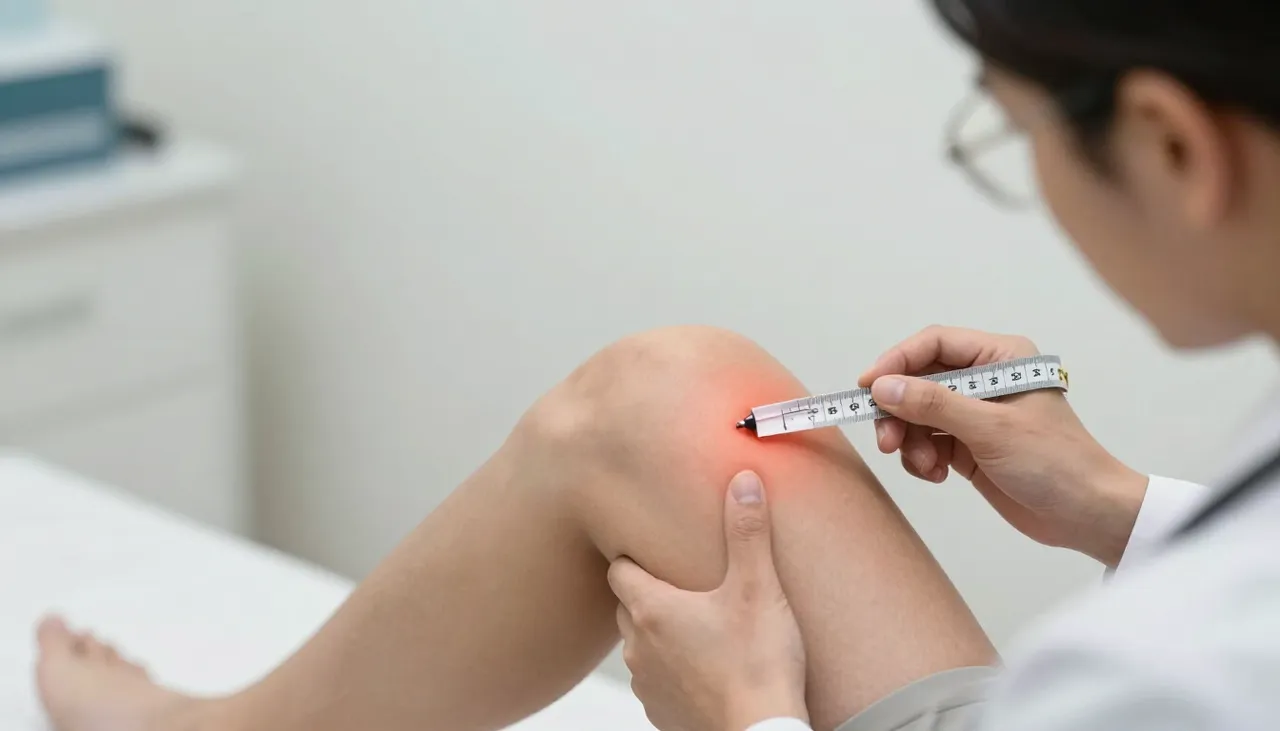 Doctor examining a visibly swollen knee joint with a tape measure and a joint-fluid reference card at a Bhubaneswar clinic — Joint Swelling