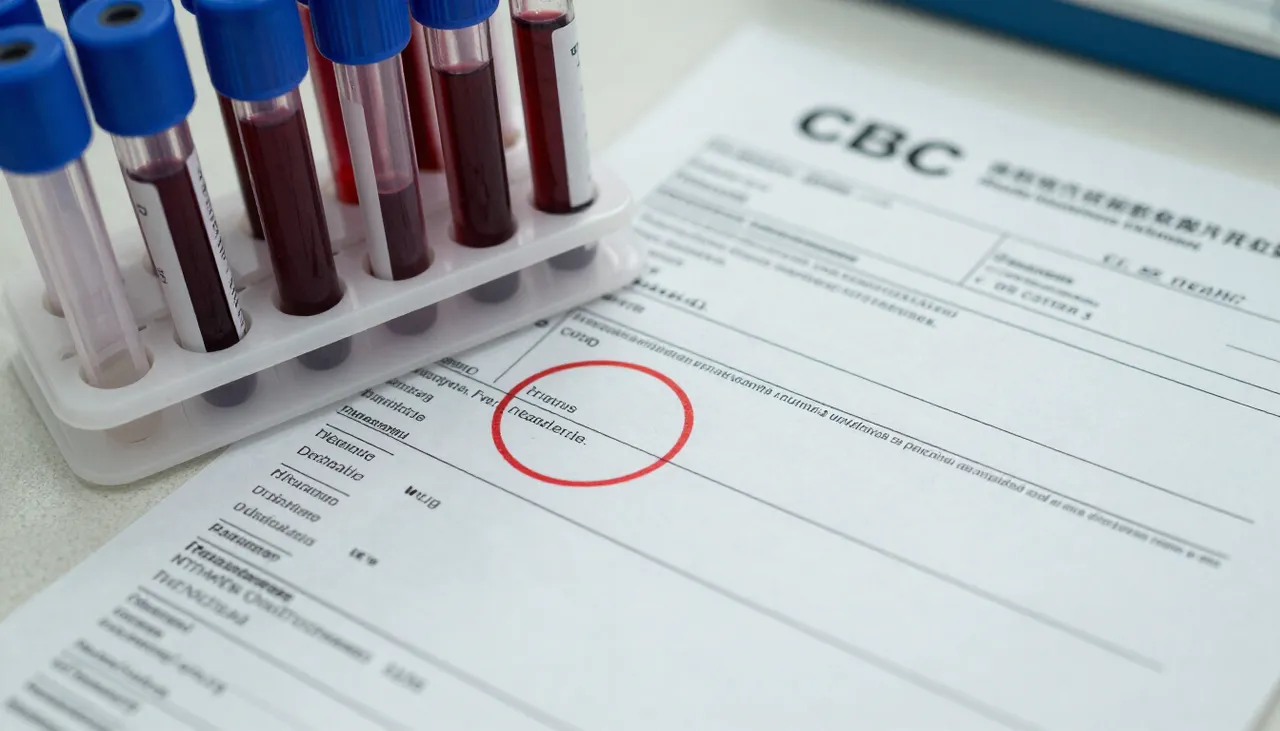 CBC lab report with a high platelet count circled beside blood sample tubes and an inflammation reference card at a Bhubaneswar clinic — High Platelet Count